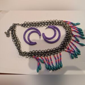 Purple Hoop Earrings with Turquoise & Multi-Bead Fringe Necklace - Women Jewelry